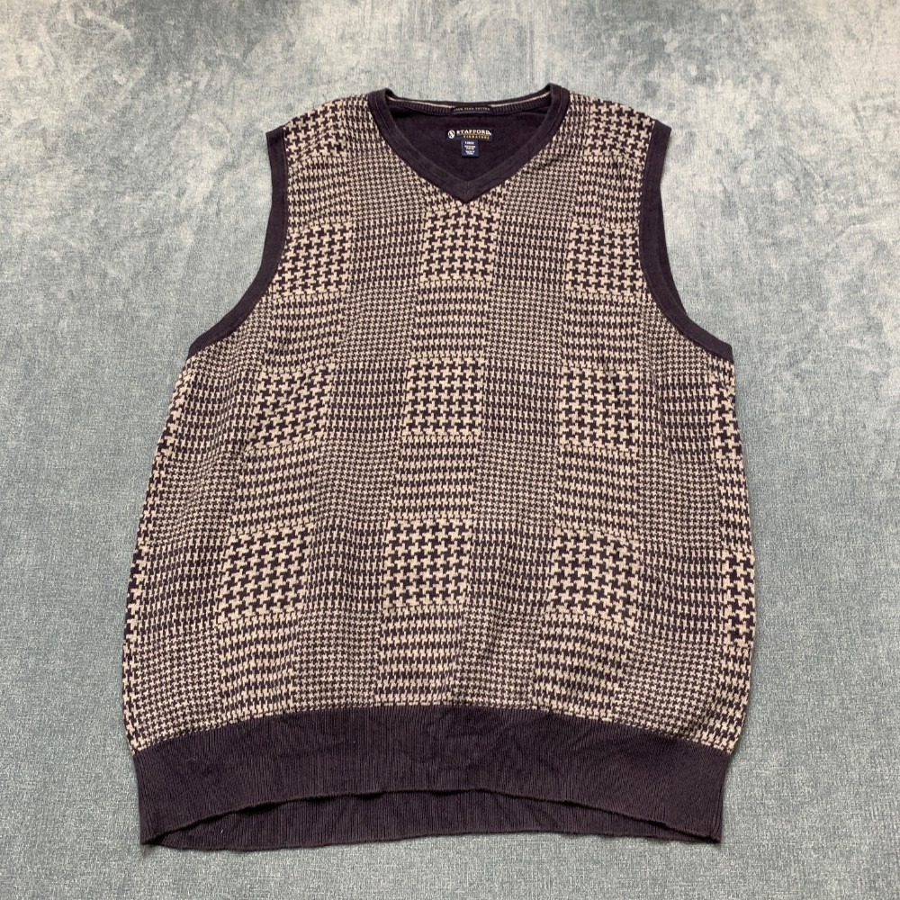 Stafford Signature Sweater Vest Mens L Navy Blue Cotton Houndstooth Sleeveless